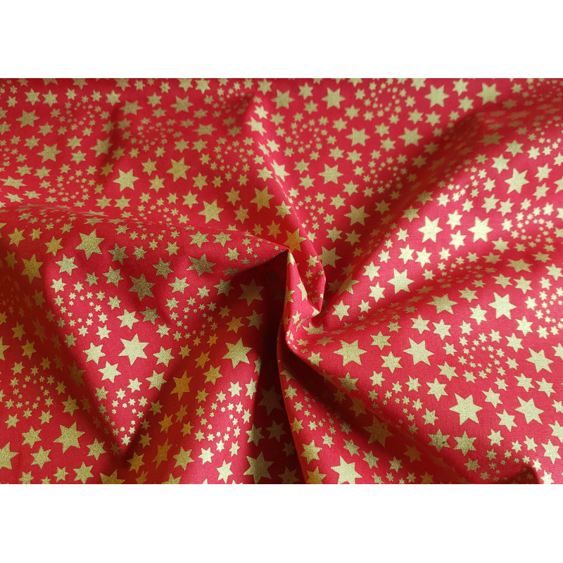 Metallic gold stars on the red background - 100% Cotton fabric, the capture with the twist