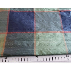 Dupion silk fabric - large check in navy and green color, the capture of fabric with the measuring tape