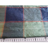 Dupion silk fabric - large check in navy and green color, the capture of fabric with the measuring tape