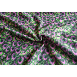 Peacock feathers green/fuchsia - flock velvet fabric in purple and green colors, the capture of the fabric with the twist