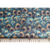 Peacock feathers teal/gold - flock velvet fabric in teal blue and gold colors, the capture of the fabric with measuring tape