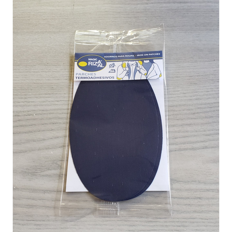 Iron-on cotton elbow patches - navy, placed on the table