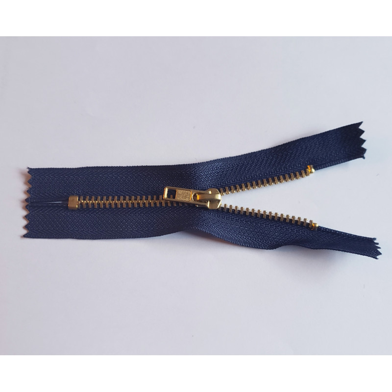 Metal, closed-end zip jeans, 12cm (4,8'') long - navy blue color tape and brass teeth