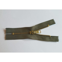 Metal, closed-end zip jeans, 10cm (4'') long - olive green color tape and brass teeth