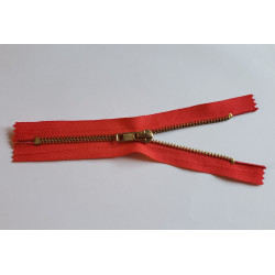 Metal, closed-end zip jeans, 16cm (6,4'') long - red color tape and brass teeth