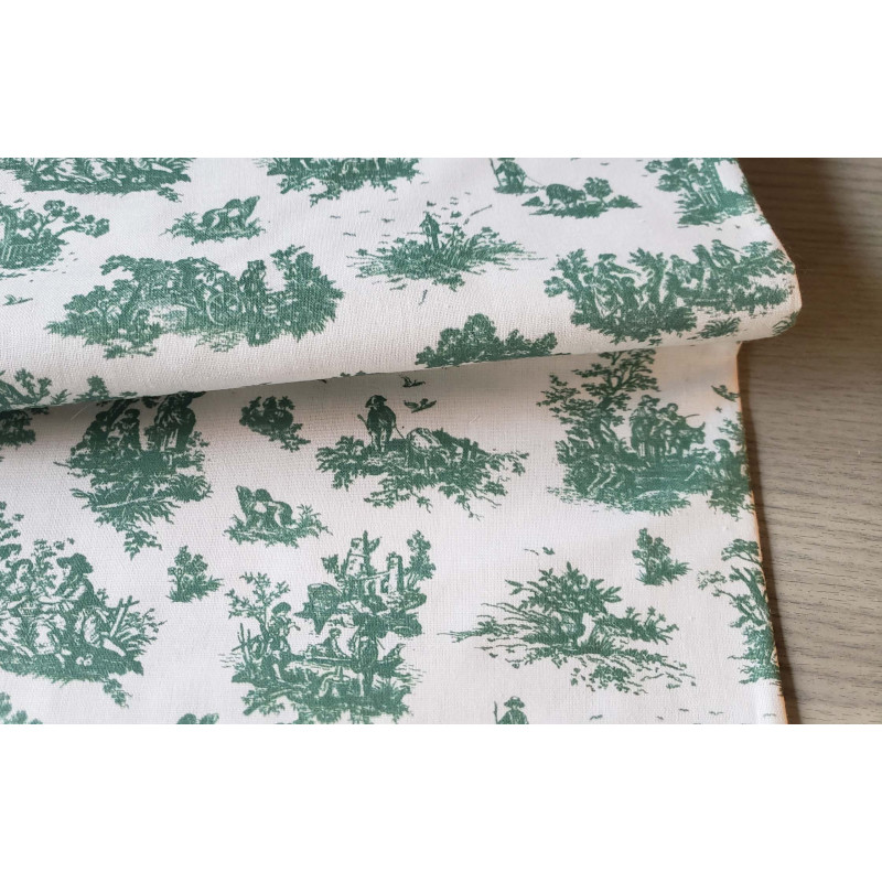 Toile de Jouy -  dark green on white - medium-weight cotton fabric, the fabric view with the fold
