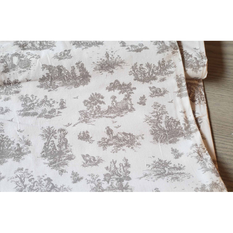 Toile de Jouy -  grey on white - medium-weight cotton fabric, the fabric view with the fold