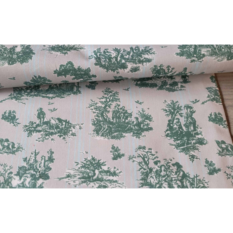 Toile de Jouy -  dark green on grey - medium-weight cotton fabric, the fabric view with the fold