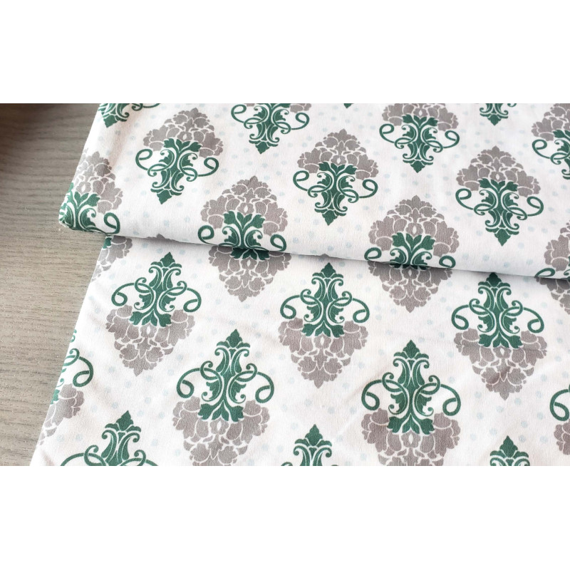 Vintage damask -  grey and dark green color- medium-weight cotton fabric, the fabric view with the fold