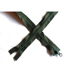 double slider chunky zip , hunter green color, 100cm long, crossed on a white background