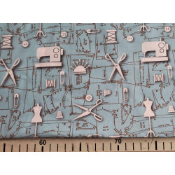sewing elements theme - blue- white,medium-weight cotton, the fabric with measuring tape