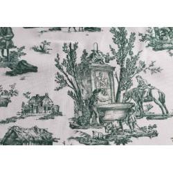 Countryside scenes Toile de Jouy-dark green, cotton canvas fabric, the frame with the close-up on the design detail