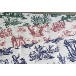 Set of 3 colorways of Countryside scenes Toile de Jouy, cotton canvas fabric, across the frame