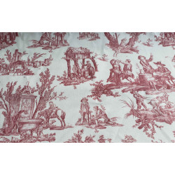 Countryside scenes Toile de Jouy - burgundy color, cotton canvas fabric, full view of the design