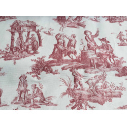 Countryside scenes Toile de Jouy - burgundy , cotton canvas fabric, the frame with the close-up on the design detail