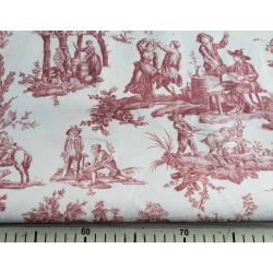 Countryside scenes Toile de Jouy-  burgundy color, cotton canvas fabric,with measuring tape