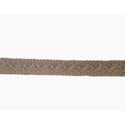 Cotton gimp trim 20mm wide in dark beige color, detail of the braid on the white background