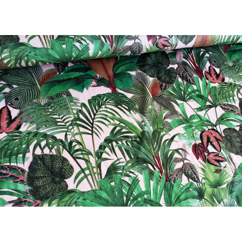 Palm paradise on beige background, printed velvet fabric, capture with the fold