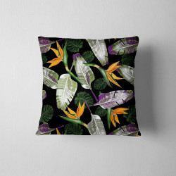 Outdoor square cushion - strelitzia flowers on black. The cushion is placed on the white background