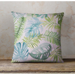 Outdoor square cushion - watercolor leaves - white. The cushion is placed on a wooden table