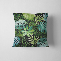 Outdoor square cushion - watercolor leaves - black. The cushion is placed on a white background