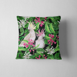 Outdoor square cushion - white parrots - black. The cushion is placed on a white background
