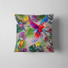 Outdoor square cushion - parrots in jungle - taupe. The cushion is placed on a white background