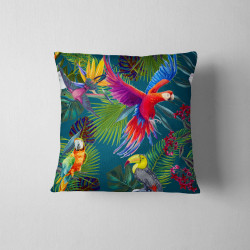 Outdoor square cushion - parrots in jungle - teal. The cushion is placed on a white background