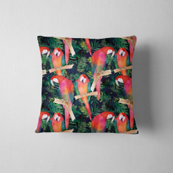 Outdoor square cushion - red parrots on dark navy design. The cushion is placed on a white background