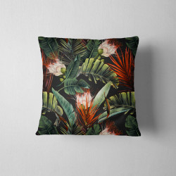 Outdoor square cushion - tropical plants on dark grey design. The cushion is placed on a white background