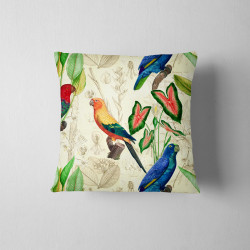Outdoor square cushion - vintage parrots on beige design. The cushion is placed on a white background
