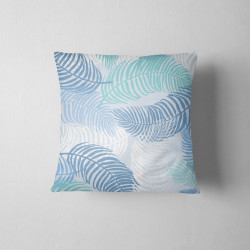 Outdoor square cushion -piniata palm leaves in blue design. The cushion is placed on a white background