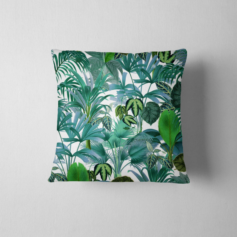 Outdoor square cushion -Palm paradise - white design. The cushion is placed on a white background