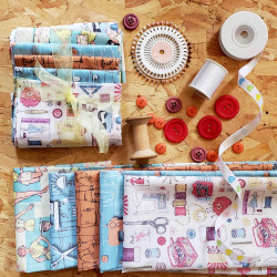 Fashion&sewing theme fabric precut bundle- 5 pieces, placed on a wooden background with some buttons scattered around