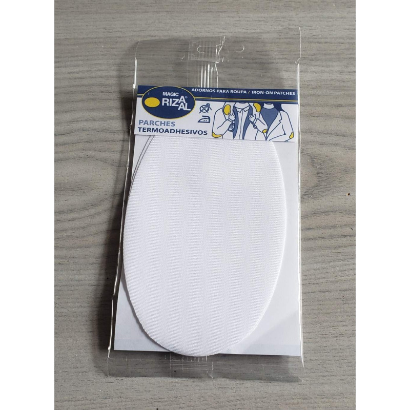 Iron-on cotton elbow patches - white, on a grey table