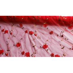 Embroidered soft tulle fabric - 3D effect- red- full design view