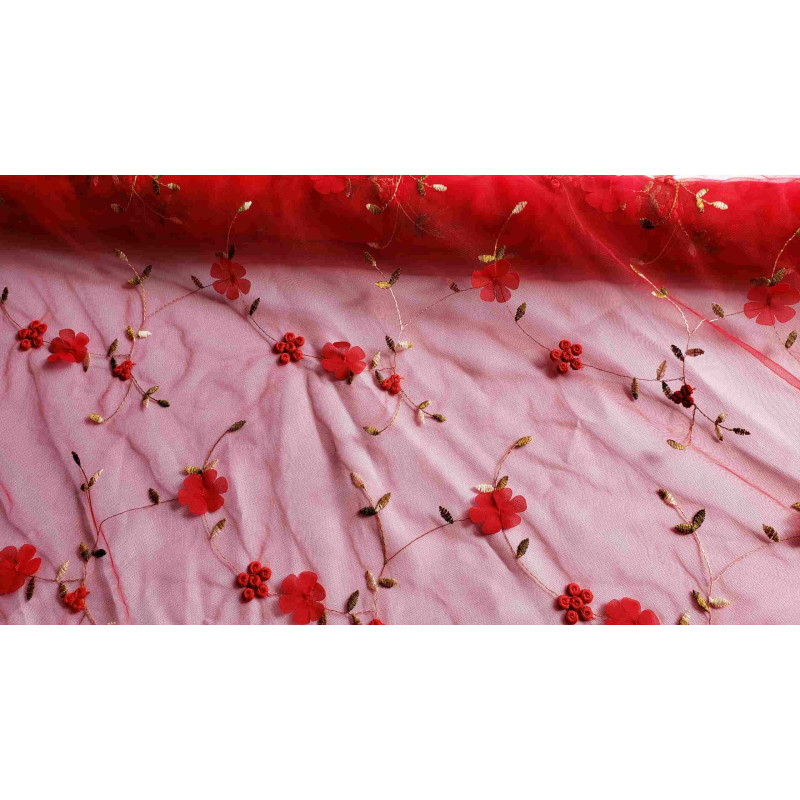 Embroidered soft tulle fabric - 3D effect- red- full design view