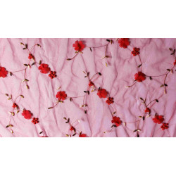 Embroidered soft tulle fabric - 3D effect- red- full design view