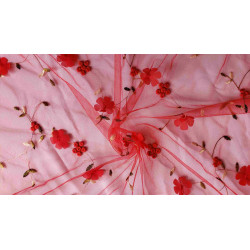 Embroidered soft tulle fabric - 3D effect- red