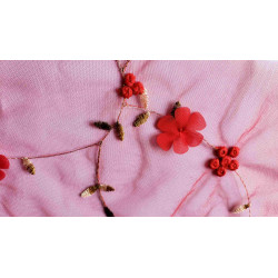 Embroidered soft tulle fabric - 3D effect- red- close-up on detail