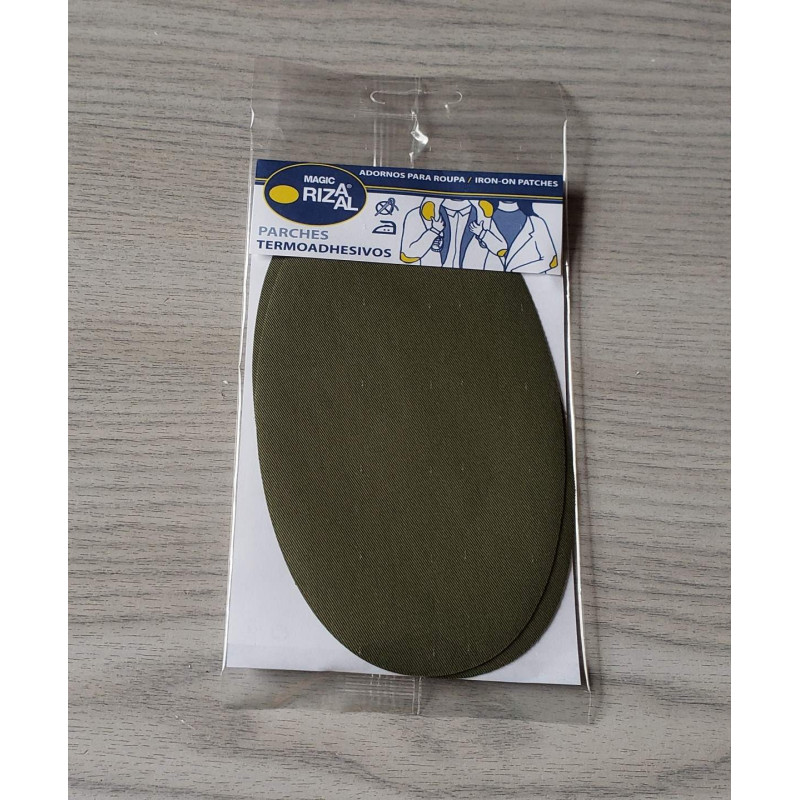 Iron-on cotton elbow patches - olive green placed on a grey background