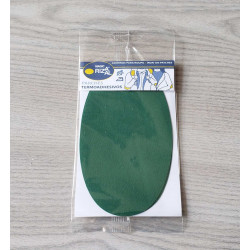 Iron-on cotton elbow patches - bottle green, placed on a grey table