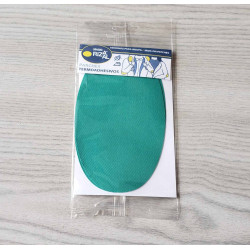 Iron-on cotton elbow patches - jade green placed on a grey table