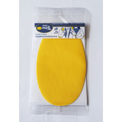 Iron-on cotton elbow patches -  yellow color, placed on a white background