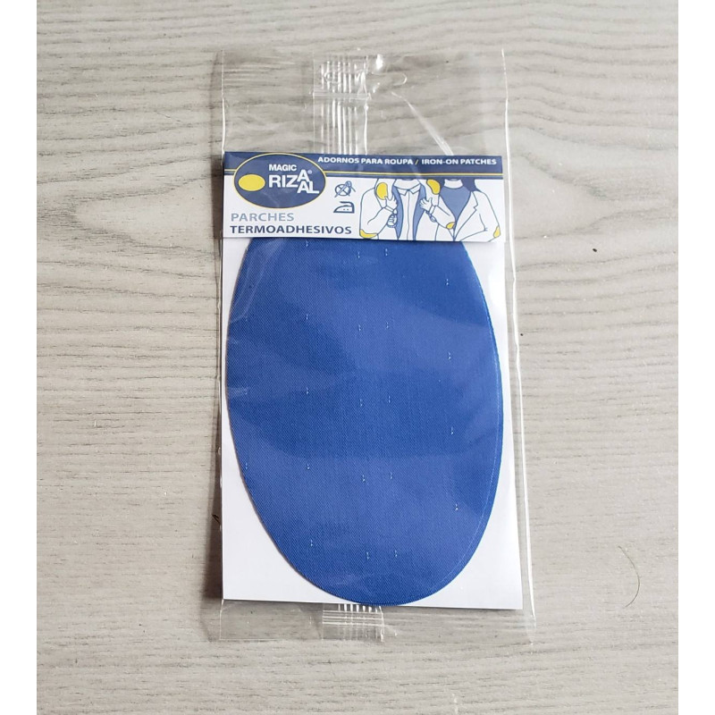 Iron-on cotton elbow patches - royal blue color, placed on the table