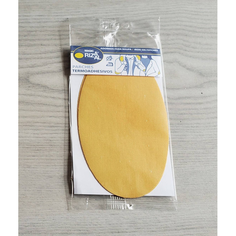 Iron-on cotton elbow patches - ochre color on a grey table