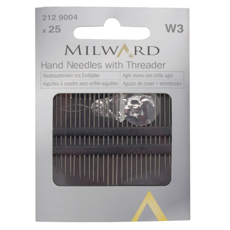 Hand sewing needles with Threader: 25 Pieces- assorted, the package of needles placed on a white background