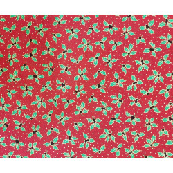 Holly Berry metallic - red color - 100% cotton fabric close up on the design