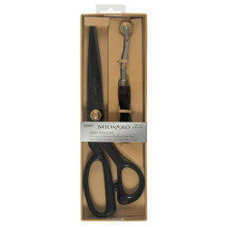 Tailors Shears (28cm) and Tracing Wheel-Black- Gift Set in a package, placed on a white background