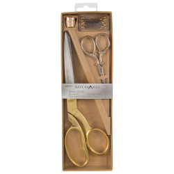 Gold - Scissors gift set: Dressmaking (21.5cm) and Embroidery (9.5cm), Thimble & Pins:, placed on a white background